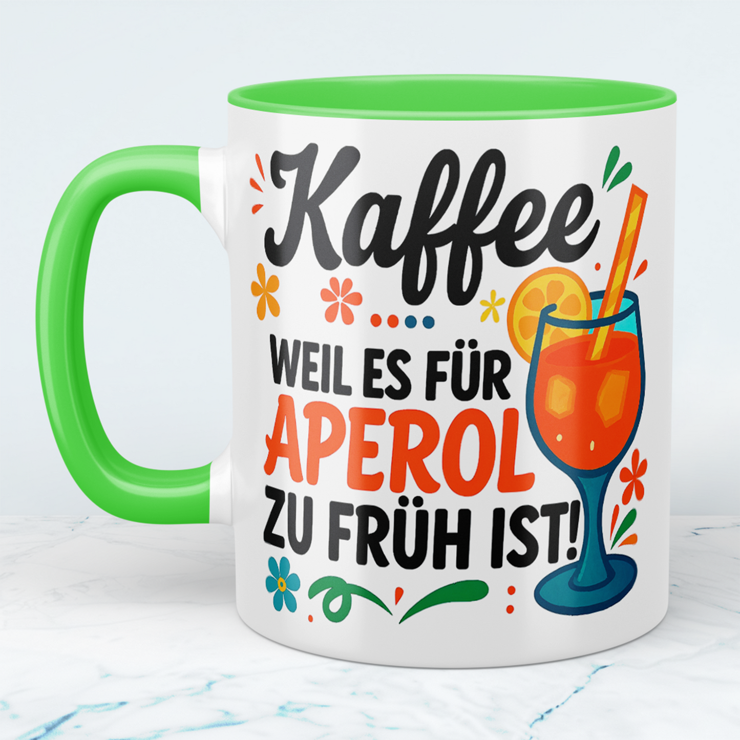 Lustige Kaffeetasse für Kollegen mit Spruch: Kaffee, weil es für APEROL zu früh ist!