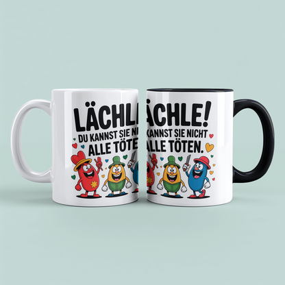 Bedruckte Kaffeetasse lustig – „Lächle! Du kannst sie nicht alle töten“ – Humor Geschenk für Büro & Kollegen