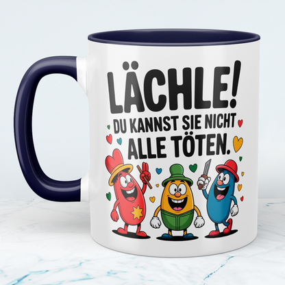 Bedruckte Kaffeetasse lustig – „Lächle! Du kannst sie nicht alle töten“ – Humor Geschenk für Büro & Kollegen