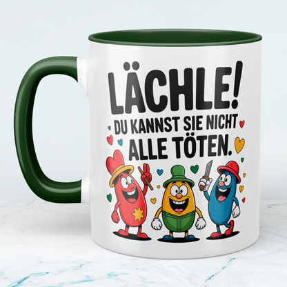 Bedruckte Kaffeetasse lustig – „Lächle! Du kannst sie nicht alle töten“ – Humor Geschenk für Büro & Kollegen