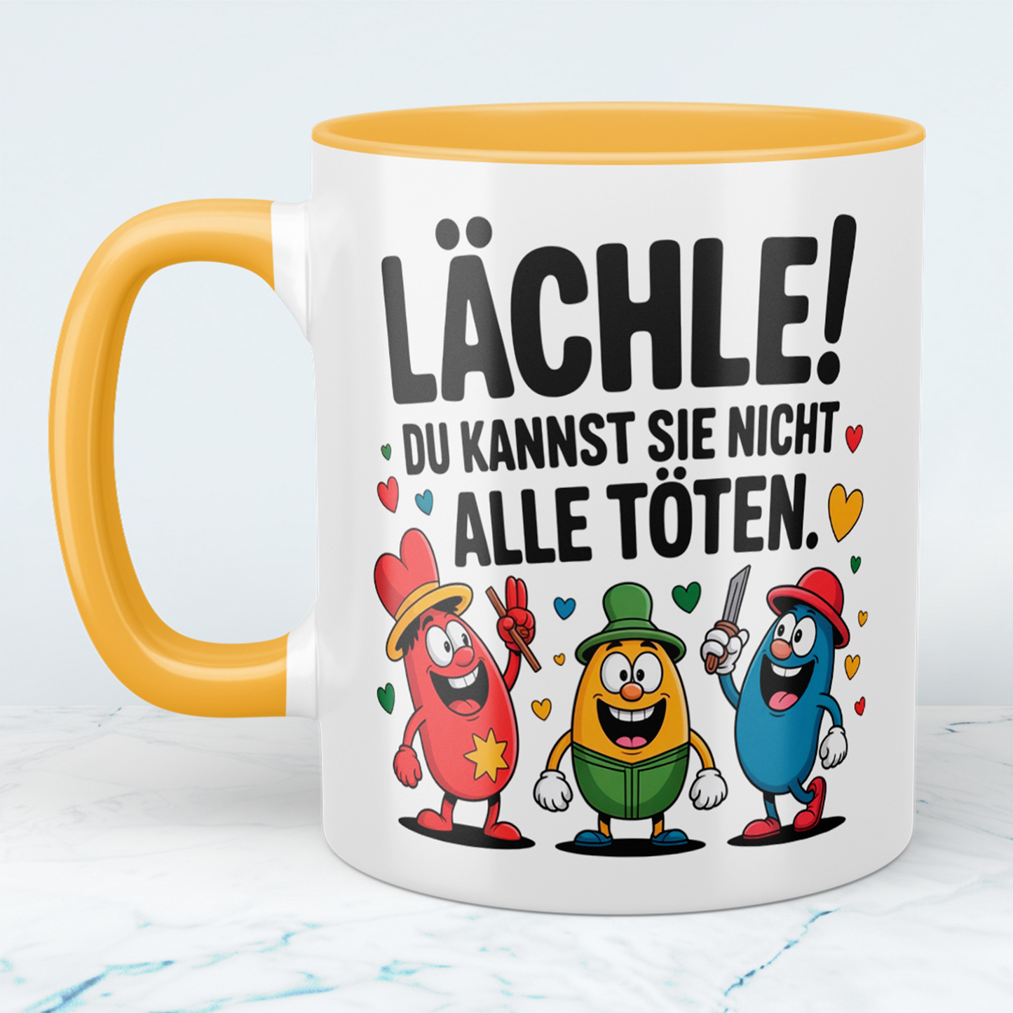 Bedruckte Kaffeetasse lustig – „Lächle! Du kannst sie nicht alle töten“ – Humor Geschenk für Büro & Kollegen