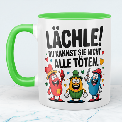 Bedruckte Kaffeetasse lustig – „Lächle! Du kannst sie nicht alle töten“ – Humor Geschenk für Büro & Kollegen