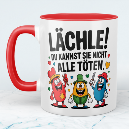 Bedruckte Kaffeetasse lustig – „Lächle! Du kannst sie nicht alle töten“ – Humor Geschenk für Büro & Kollegen