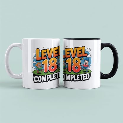 Lustige bedruckte Tasse – „Level 18 Completed“ – Perfektes Geburtstagsgeschenk für Familie & Freunde
