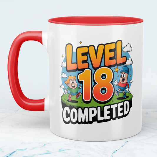 Lustige bedruckte Tasse – „Level 18 Completed“ – Perfektes Geburtstagsgeschenk für Familie & Freunde