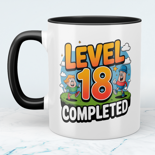 Lustige bedruckte Tasse – „Level 18 Completed“ – Perfektes Geburtstagsgeschenk für Familie & Freunde