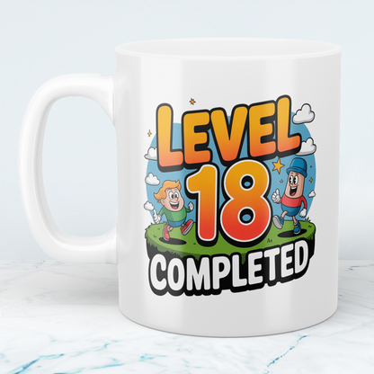 Lustige bedruckte Tasse – „Level 18 Completed“ – Perfektes Geburtstagsgeschenk für Familie & Freunde