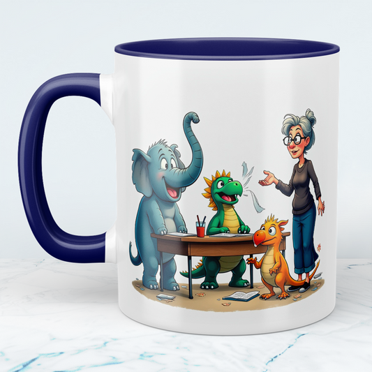 Humorvolle bedruckte Tasse mit magischen Tieren mit Lehrerin – Ideal als Geschenk für Kinder!
