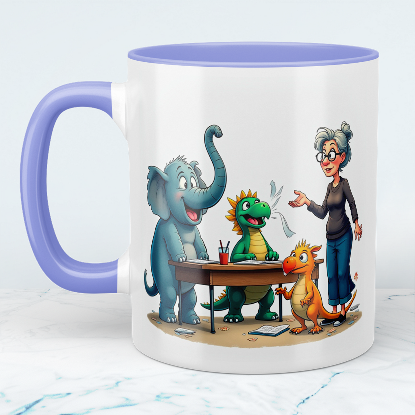 Humorvolle bedruckte Tasse mit magischen Tieren mit Lehrerin – Ideal als Geschenk für Kinder!