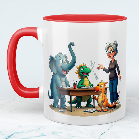 Humorvolle bedruckte Tasse mit magischen Tieren mit Lehrerin – Ideal als Geschenk für Kinder!