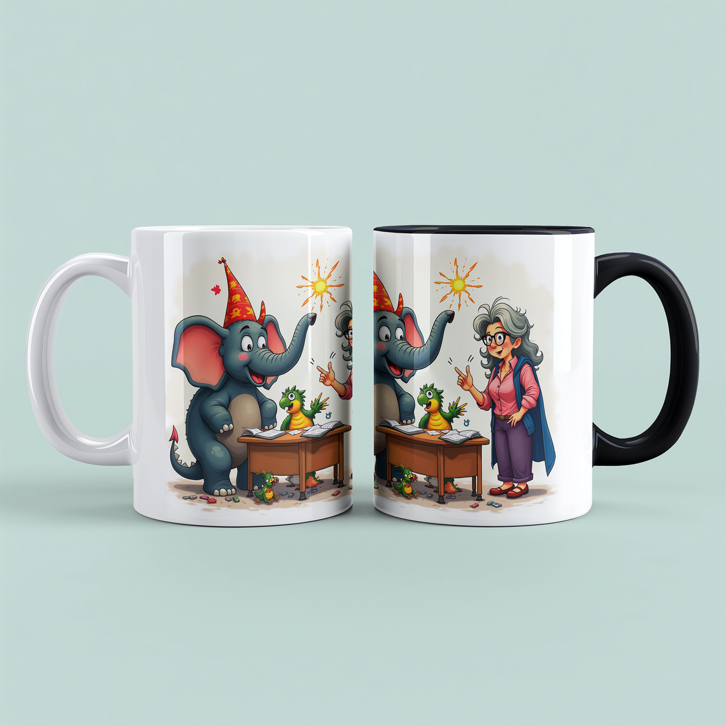 Lustige bedruckte Kindertasse: Magische Tiere mit Lehrerin, Elefant & buntem Cartoon-Design!