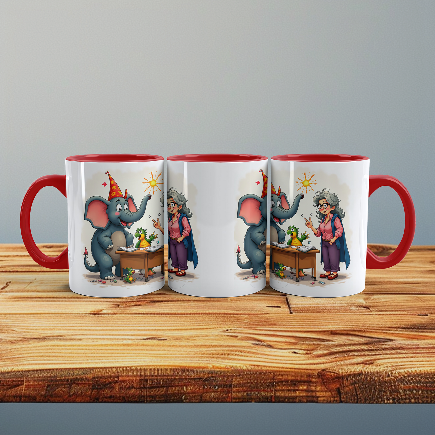 Lustige bedruckte Kindertasse: Magische Tiere mit Lehrerin, Elefant & buntem Cartoon-Design!