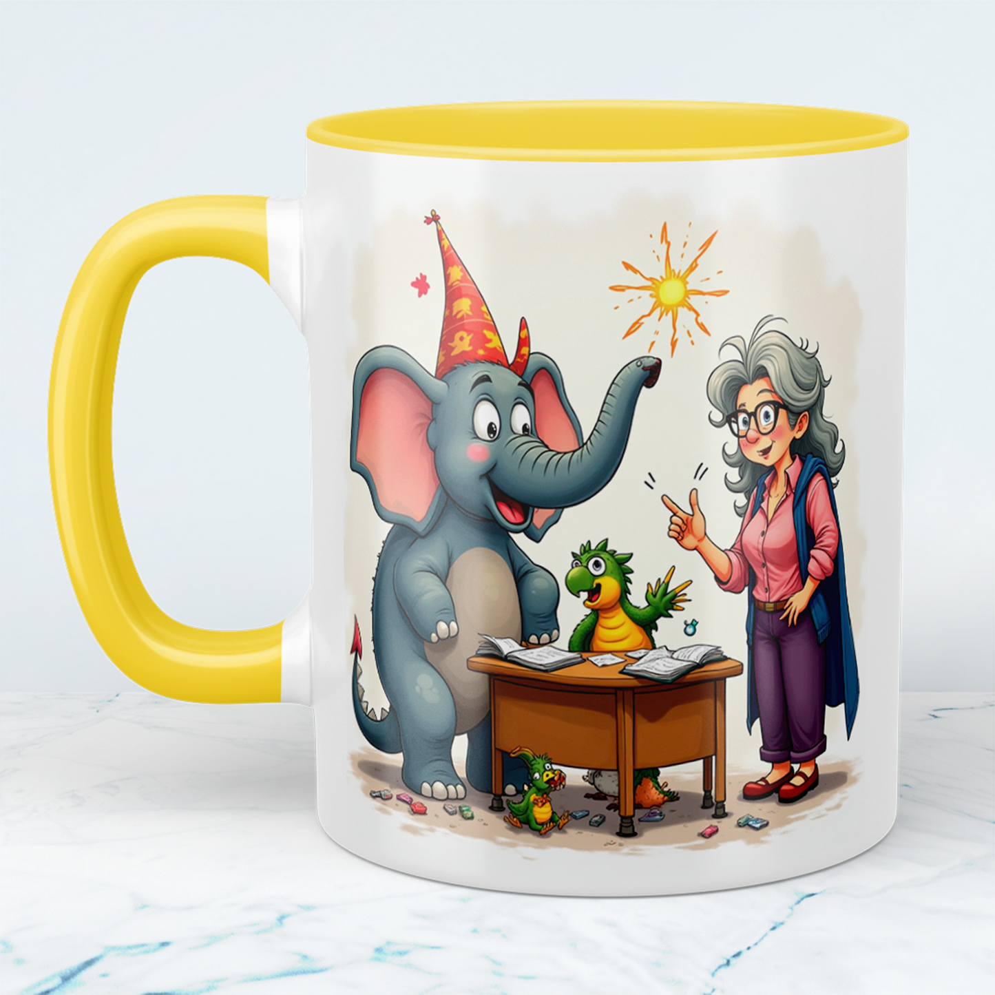 Lustige bedruckte Kindertasse: Magische Tiere mit Lehrerin, Elefant & buntem Cartoon-Design!