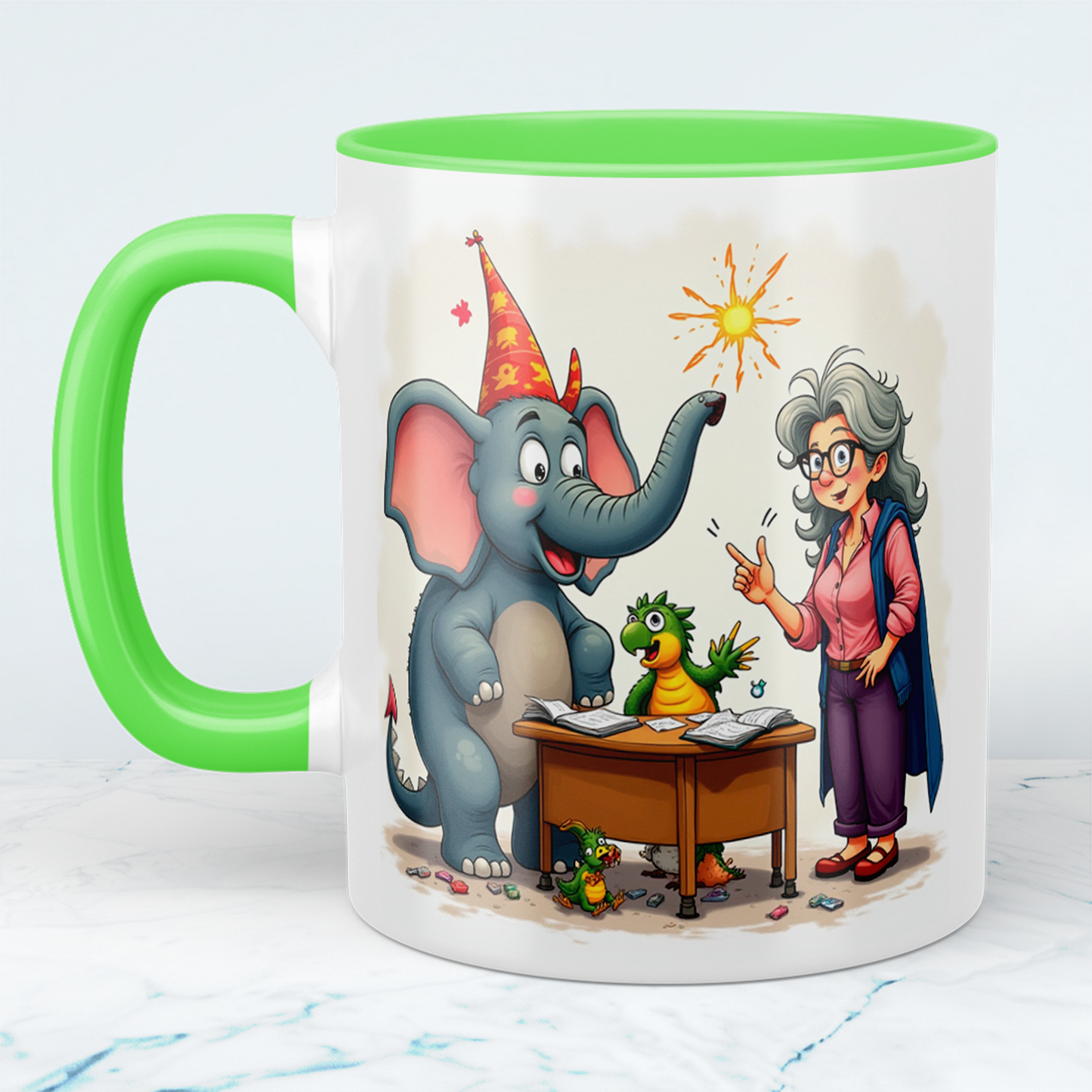 Lustige bedruckte Kindertasse: Magische Tiere mit Lehrerin, Elefant & buntem Cartoon-Design!
