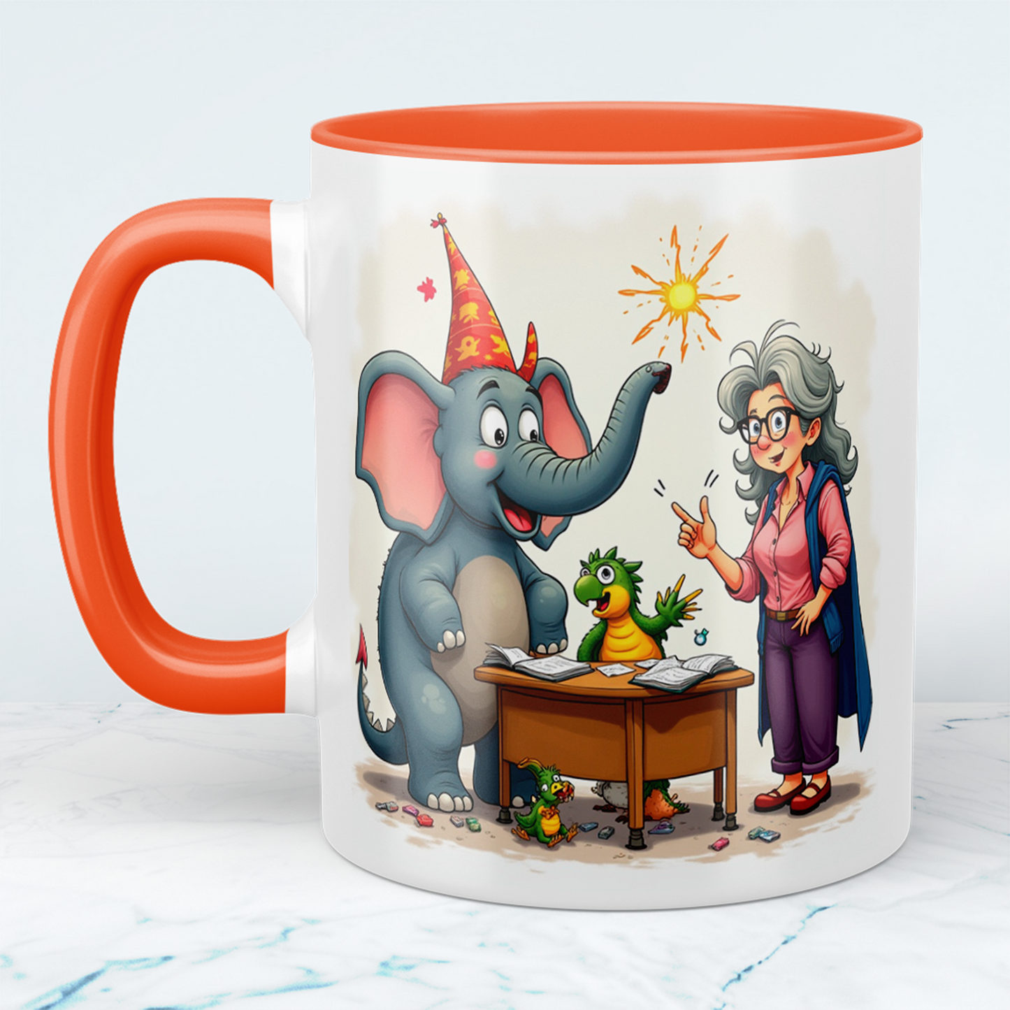 Lustige bedruckte Kindertasse: Magische Tiere mit Lehrerin, Elefant & buntem Cartoon-Design!