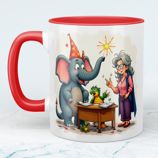 Lustige bedruckte Kindertasse: Magische Tiere mit Lehrerin, Elefant & buntem Cartoon-Design!