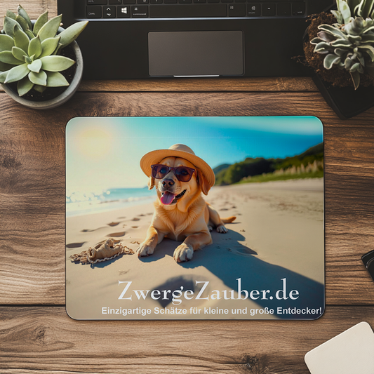 Hochwertiges Mauspad  – Lustiger Hund mit Sonnenbrille und Hut am Strand – Perfekt für Strandliebhaber und Hundefans ZwergeZauber.de