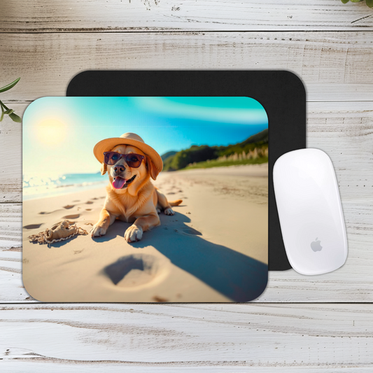 Hochwertiges Mauspad  – Lustiger Hund mit Sonnenbrille und Hut am Strand – Perfekt für Strandliebhaber und Hundefans