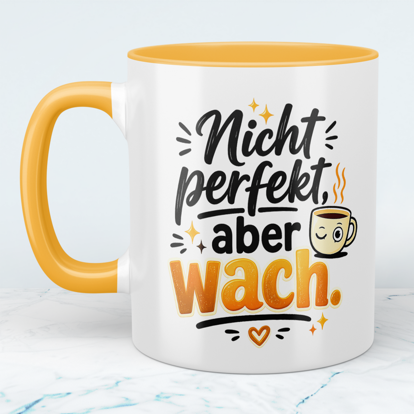 Kaffeebecher "Nicht perfekt, aber wach." – Lustige Tasse für Büro & Zuhause