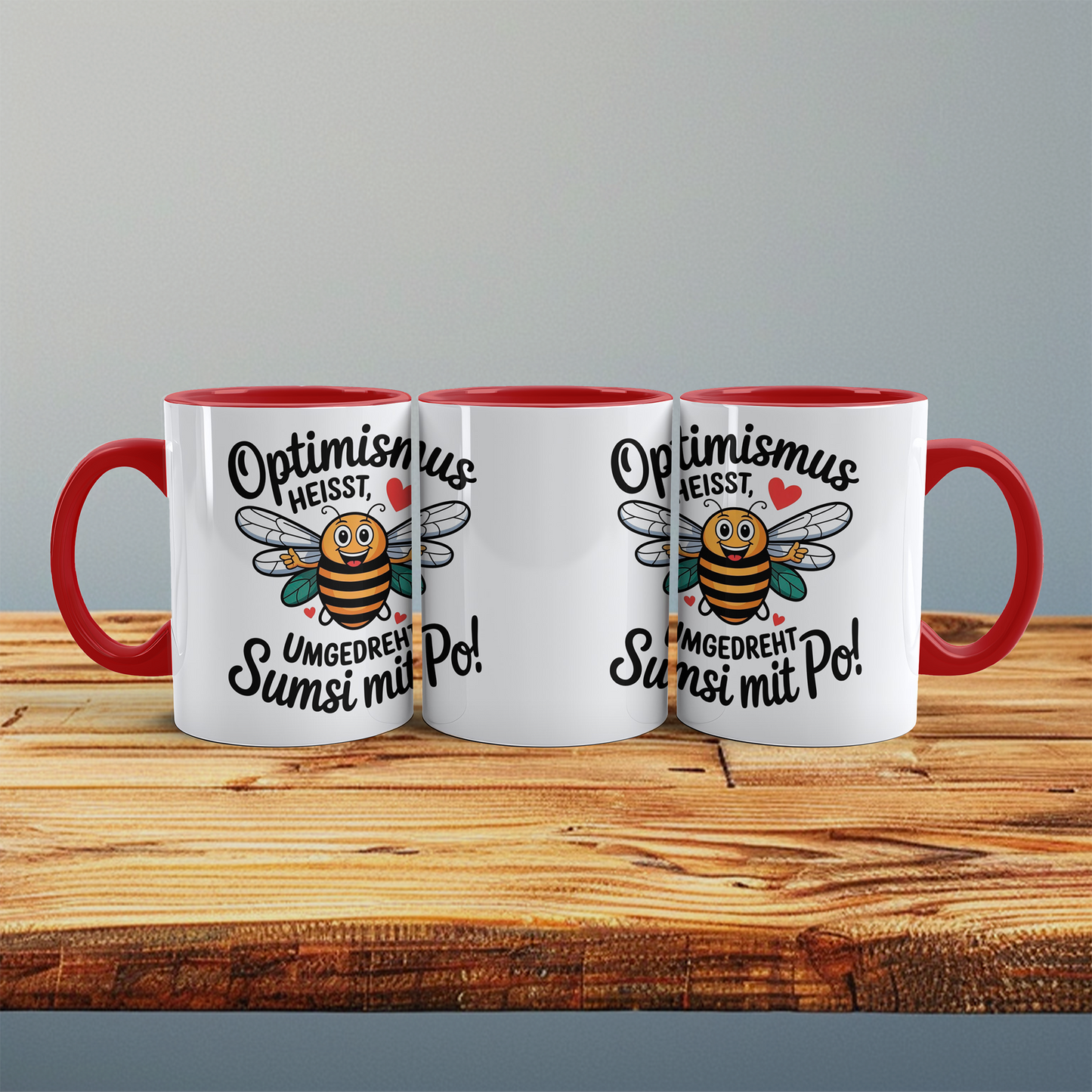 Lustige Tasse mit Spruch: Optimismus heißt umgedreht Sumsi mit Po! - Perfektes Geschenk fürs Büro!