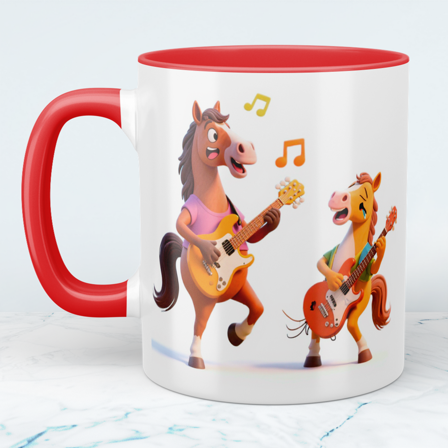Lustige bedruckte Tasse mit 2 tanzenden Pferden und Gitarre – das perfekte Geschenk für Kinder!