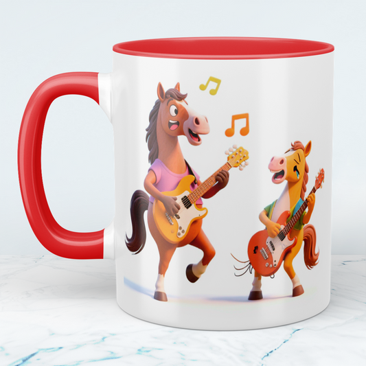 Lustige bedruckte Tasse mit 2 tanzenden Pferden und Gitarre – das perfekte Geschenk für Kinder!