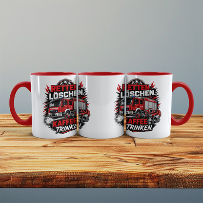 Feuerwehr Tasse "Retten Löschen Kaffee trinken" – Geschenk für Feuerwehrleute