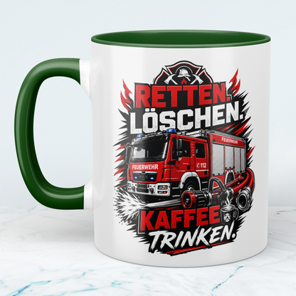 Feuerwehr Tasse "Retten Löschen Kaffee trinken" – Geschenk für Feuerwehrleute