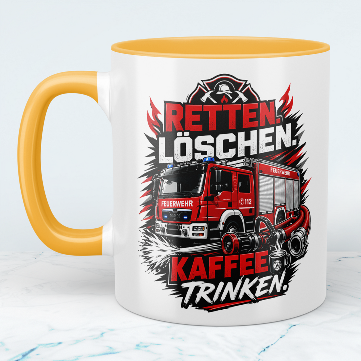 Feuerwehr Tasse "Retten Löschen Kaffee trinken" – Geschenk für Feuerwehrleute