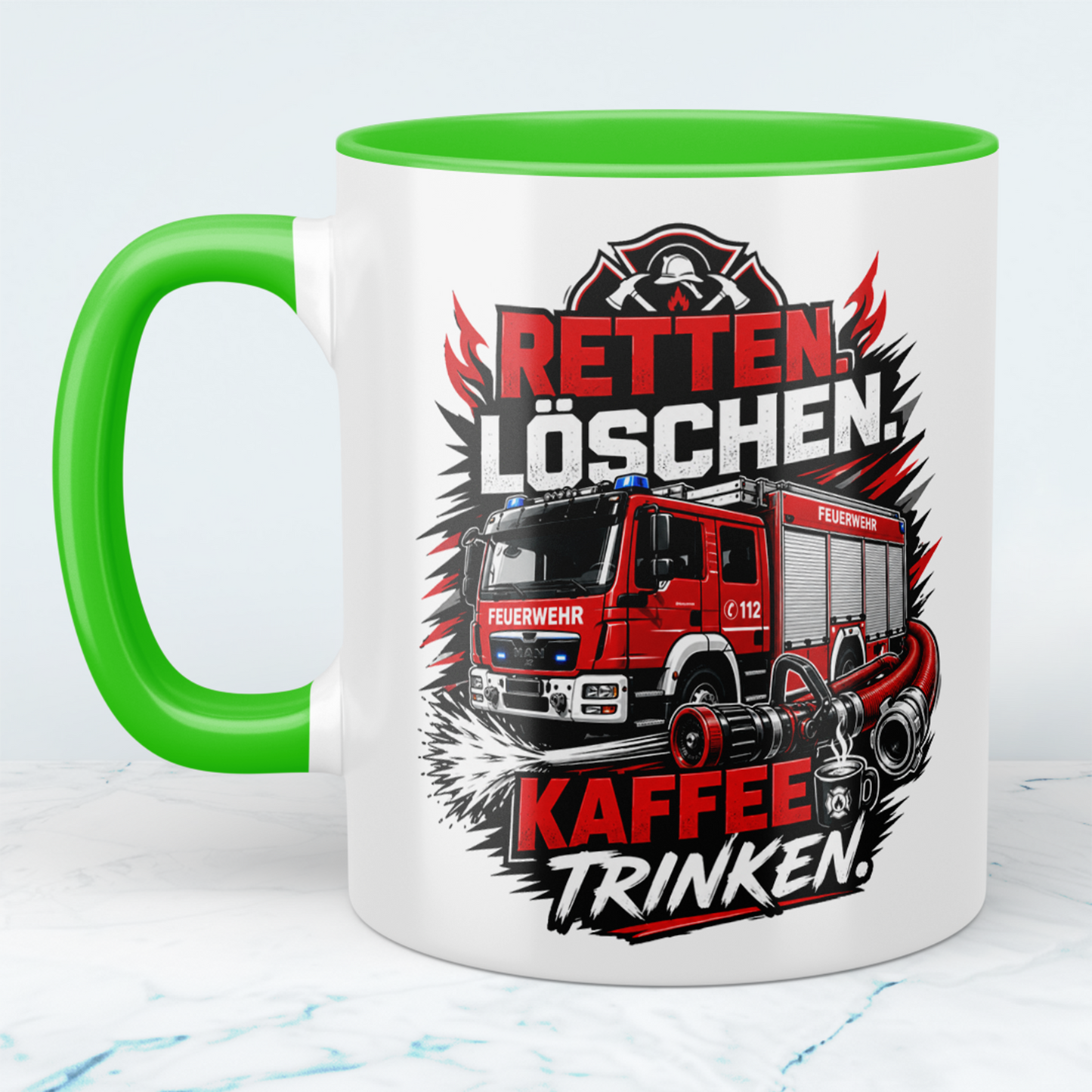 Feuerwehr Tasse "Retten Löschen Kaffee trinken" – Geschenk für Feuerwehrleute