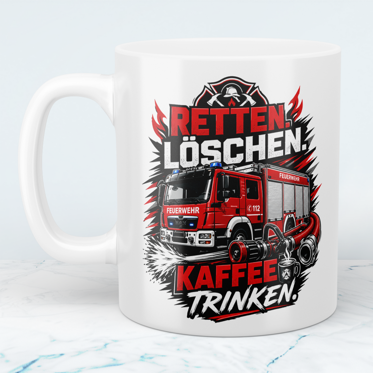 Feuerwehr Tasse "Retten Löschen Kaffee trinken" – Geschenk für Feuerwehrleute