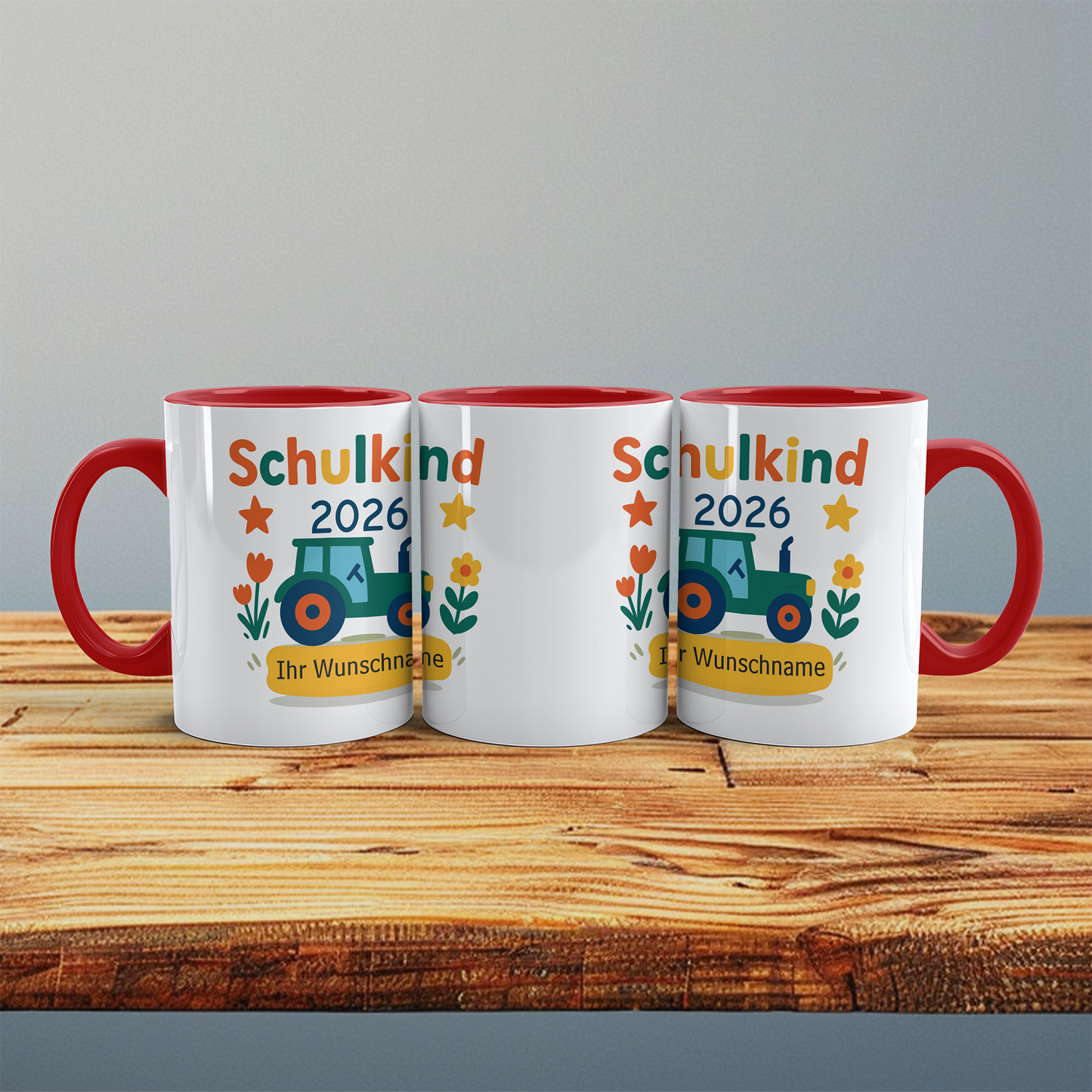 Zum Schulstart – Bedruckte Tasse, Personalisiert mit Namen, Trecker und Schriftzug: Schulkind 2026