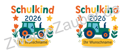 Zum Schulstart – Bedruckte Tasse, Personalisiert mit Namen, Trecker und Schriftzug: Schulkind 2026