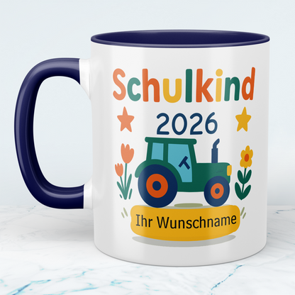 Zum Schulstart – Bedruckte Tasse, Personalisiert mit Namen, Trecker und Schriftzug: Schulkind 2026