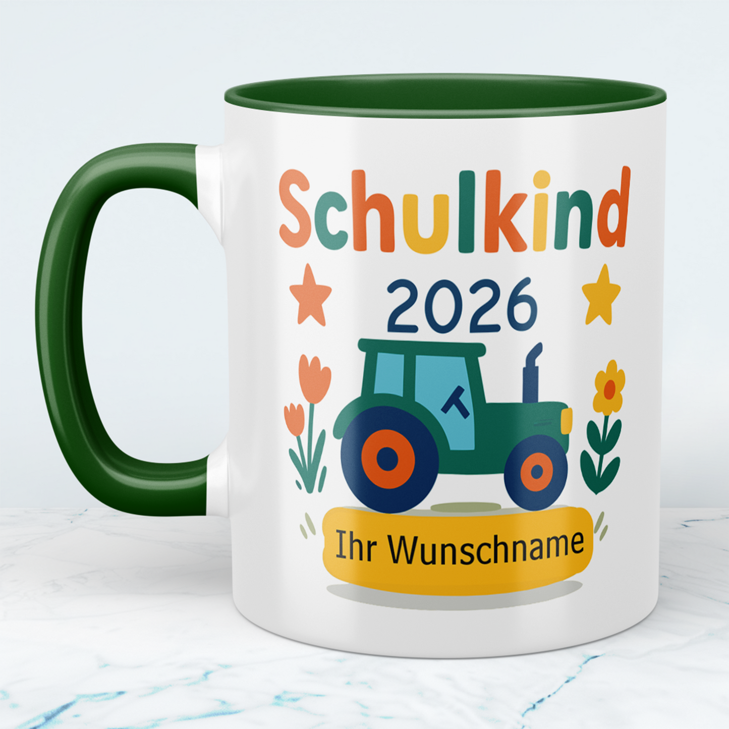 Zum Schulstart – Bedruckte Tasse, Personalisiert mit Namen, Trecker und Schriftzug: Schulkind 2026