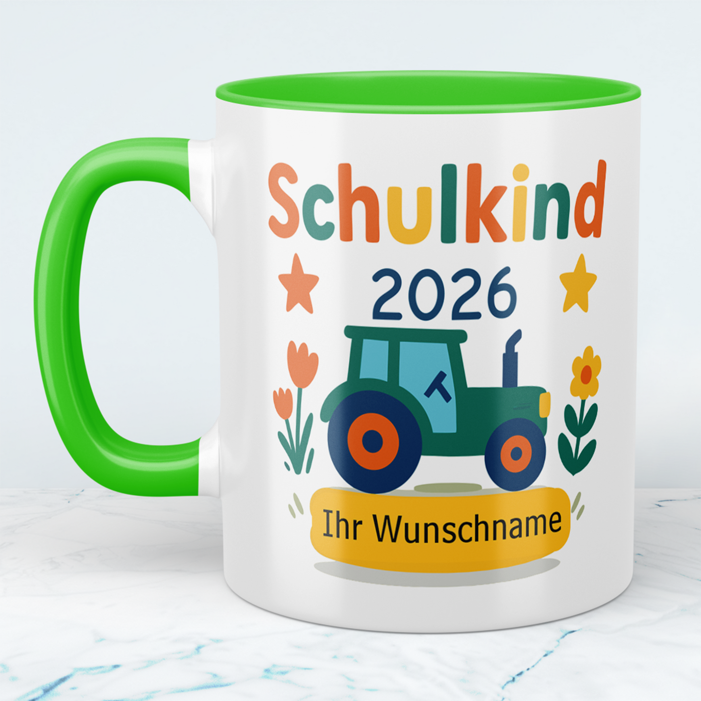 Zum Schulstart – Bedruckte Tasse, Personalisiert mit Namen, Trecker und Schriftzug: Schulkind 2026