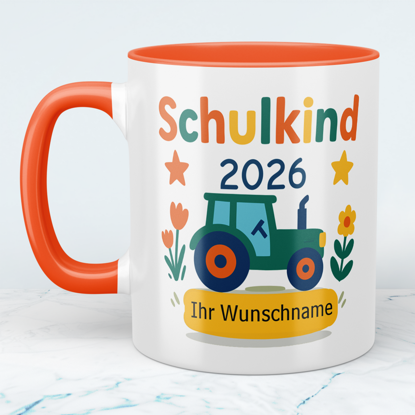 Zum Schulstart – Bedruckte Tasse, Personalisiert mit Namen, Trecker und Schriftzug: Schulkind 2026