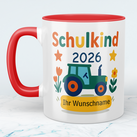 Zum Schulstart – Bedruckte Tasse, Personalisiert mit Namen, Trecker und Schriftzug: Schulkind 2026