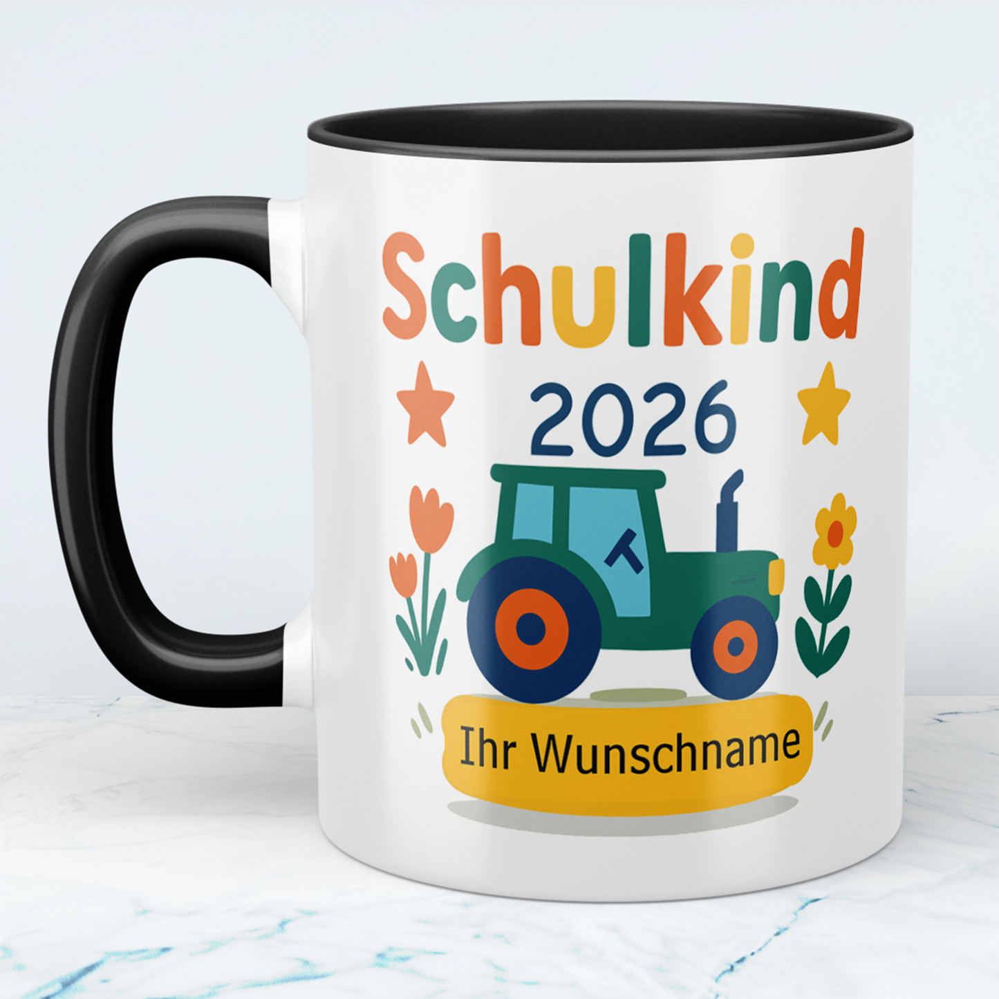 Zum Schulstart – Bedruckte Tasse, Personalisiert mit Namen, Trecker und Schriftzug: Schulkind 2026