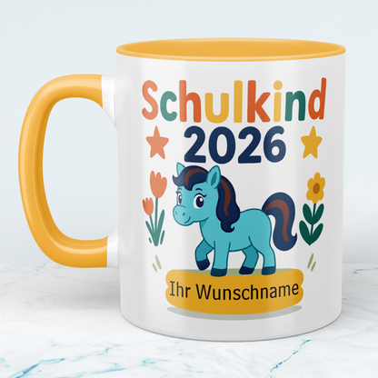 Zum Schulstart – Bedruckte Tasse, Personalisiert mit Namen, Ponny und Schriftzug: Schulkind 2026
