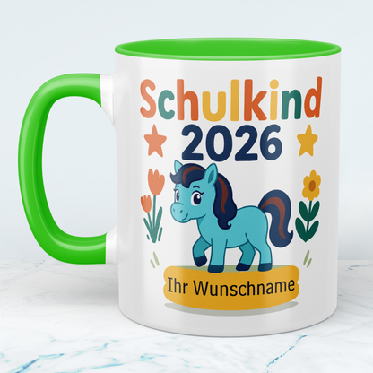 Zum Schulstart – Bedruckte Tasse, Personalisiert mit Namen, Ponny und Schriftzug: Schulkind 2026