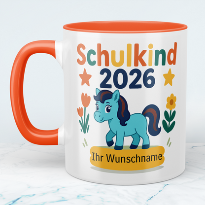 Zum Schulstart – Bedruckte Tasse, Personalisiert mit Namen, Ponny und Schriftzug: Schulkind 2026