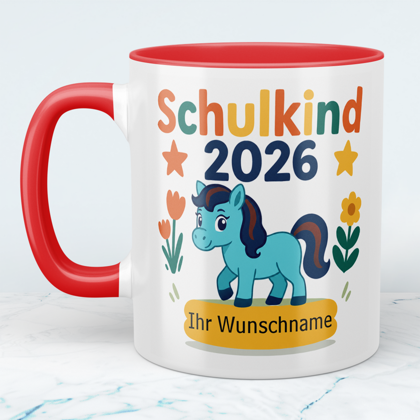 Zum Schulstart – Bedruckte Tasse, Personalisiert mit Namen, Ponny und Schriftzug: Schulkind 2026