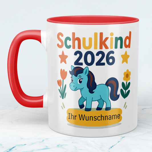 Zum Schulstart – Bedruckte Tasse, Personalisiert mit Namen, Ponny und Schriftzug: Schulkind 2026