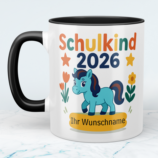 Zum Schulstart – Bedruckte Tasse, Personalisiert mit Namen, Ponny und Schriftzug: Schulkind 2026