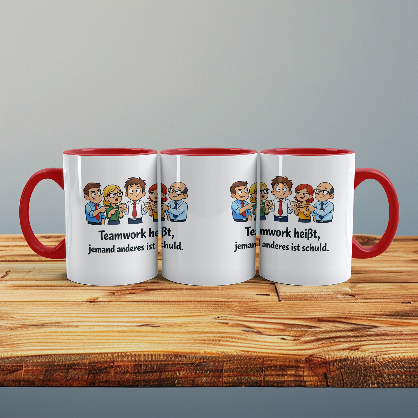 Lustige Bürotasse mit Spruch „Teamwork heißt, jemand anderes ist schuld“ | Geschenk für Kollegen & Arbeit