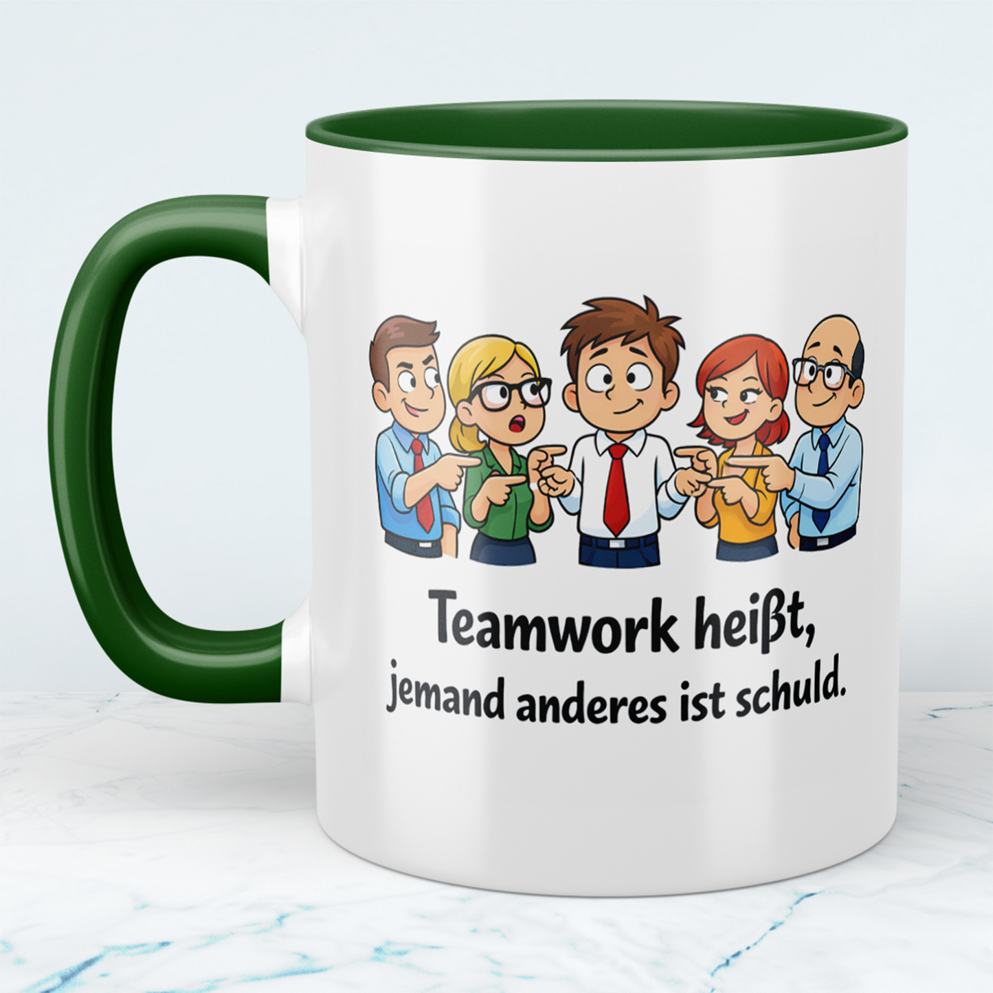 Lustige Bürotasse mit Spruch „Teamwork heißt, jemand anderes ist schuld“ | Geschenk für Kollegen & Arbeit