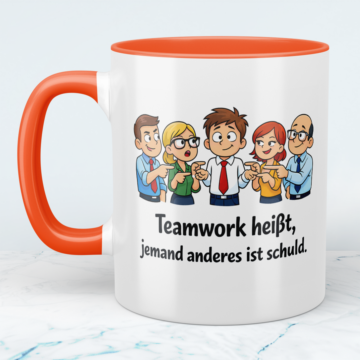 Lustige Bürotasse mit Spruch „Teamwork heißt, jemand anderes ist schuld“ | Geschenk für Kollegen & Arbeit