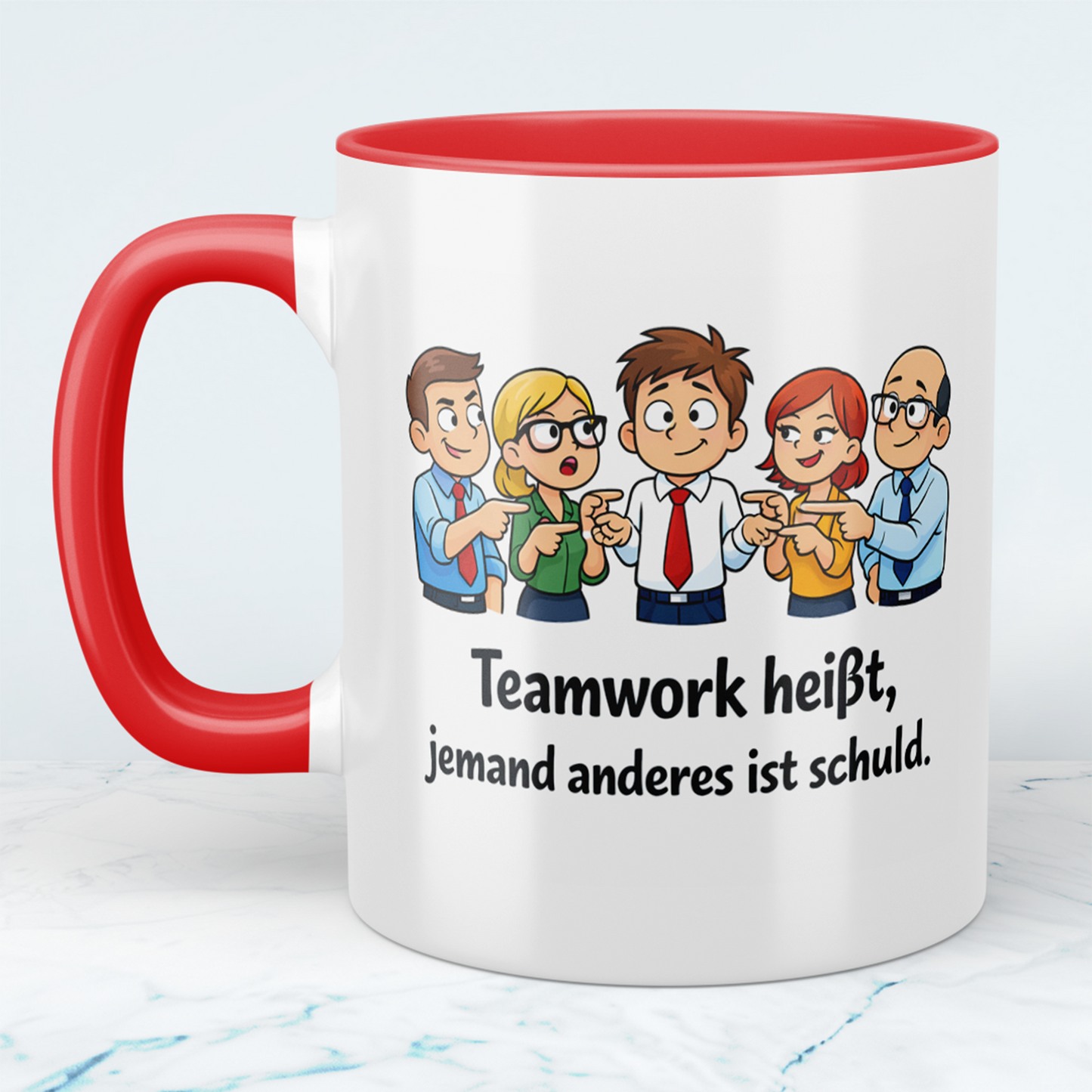 Lustige Bürotasse mit Spruch „Teamwork heißt, jemand anderes ist schuld“ | Geschenk für Kollegen & Arbeit