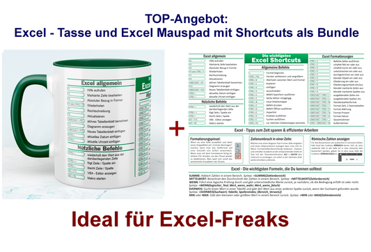 TOP-Angebot: Excel - Tasse und Excel Mauspad mit Shortcuts als Bundle, ideal für Excel-Freaks